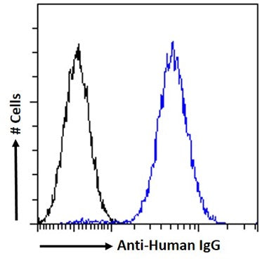 Blue line:  Flow cytometric analysis of human peripheral blood leukocytes. Primary incubation 1hr (1:50-1:100 dilution) followed by Alexa Fluor 488 ® conjugated goat Anti-mouse IgG (1:1000 dilution).  Black line: Anti-Fluorescein Isotype control 